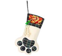 African Style Prints Dog Paw Christmas Stocking for Pet Lovers 17" Faux Sherpa Pet Stocking with Green Black Buffalo Plaid Bone Accent Xmas Holiday Decor for Tree Fireplace Party Ornament