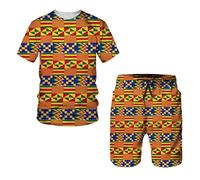 African Style T-Shirt Set Leisure Suit Men's 3D Ethnic Pattern Prints O-Neck Cotton Short Sleeve and Shorts with Pockets and Drawstring Elastic Waist Outdoor Suit, orange, M