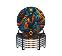African Style Textile Pattern Coasters Set of 6 Ceramic Coaster with Holder Absorbent Coasters for Drinks Heat Resistant Coffee Table Coasters Cup Pad for Kitchen Office Home Decoration
