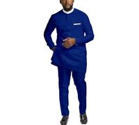 African Suit for Men 2 Piece Set Shirt Pants Dashiki Outfits Nigerian Wedding Attire, Royal Blue, L
