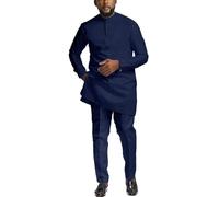 African Suit for Men 2 Piece Set Shirt Pants Dashiki Outfits Nigerian Wedding Attire, Stripe-Dark Blue, X-Large