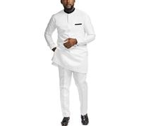 African Suit for Men 2 Piece Set Shirt Pants Dashiki Outfits Nigerian Wedding Attire, White, L