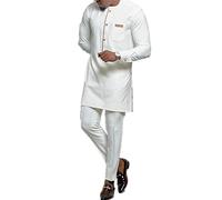 African Suit for Men Shirt and Trousers 2 Piece Set Dashiki Blazer Kaftan Wedding Evening Attire Traditional Outfits (White,M)