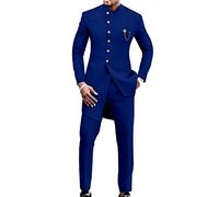 African Suit for Men Single Breasted Slim Fit Jackets and Trousers 2 Piece Set Business Suit Wedding Evening, Blue, Medium