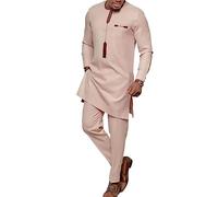 African Suits for Men 2 Pieces Set Dashiki Shirt and Pants Outfit Top Traditional Tribal Clothes Tracksuits (Color : Pink, Size : L)