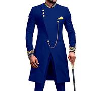 African Suits for Men Dashiki Embroidery Jackets and Pants 2 Piece Set Slim Fit Formal Outfits Wedding, Blue, M