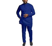 African Suits for Men Dashiki Long Sleeve Shirt and Pant 2 Piece Attire Traditional Outfits, Blue, Large