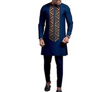 African Suits for Men Embroidery Shirts and Pants 2 Piece Set Dashiki Outfits Tribal Clothing, Dark Blue, XXL