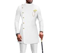 African Suits for Men Single Breasted Blazer and Pants 2 Piece Set Dashiki Outfits Ankara Attire for Wedding, White, XXL