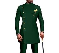 African Suits for Men Single Breasted Blazer and Pants 2 Piece Set Dashiki Outfits Ankara Attire for Wedding, Green, M