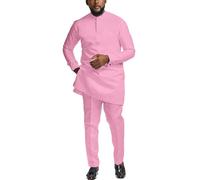 African Suits for Men Slim Fit Dashiki Long Sleeve Shirt and Pant 2 Piece Attire Traditional Outfits, Pink, S