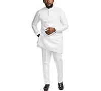 African Suits for Men Slim Fit Dashiki Long Sleeve Shirt and Pant 2 Piece Attire Traditional Outfits, White, S