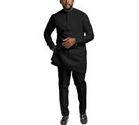 African Suits for Men Slim Fit Dashiki Long Sleeve Shirt and Pant 2 Piece Attire Traditional Outfits, Black, XL