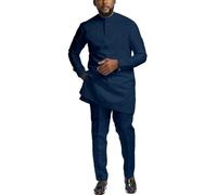 African Suits for Men Slim Fit Dashiki Long Sleeve Shirt and Pant 2 Piece Attire Traditional Outfits, Deep Blue, Medium