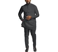 African Suits for Men Slim Fit Dashiki Long Sleeve Shirt and Pant 2 Piece Attire Traditional Outfits, Grey, M