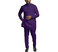 African Suits for Men Slim Fit Dashiki Long Sleeve Shirt and Pant 2 Piece Attire Traditional Outfits, Purple, XL