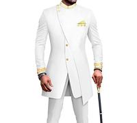 African Suits for Men Slim Fit Embroidery Blazer and Pants Set Business Dress Suit Party Wedding Evening, White, S