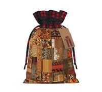 African Textile Patchwork Christmas Gift Bags with Tags & Ribbon Ties, Buffalo Plaid Santa Sack Xmas Treat Pouch Party Favor Bags Drawstring Christmas Sacks for Holiday Presents Storage Small