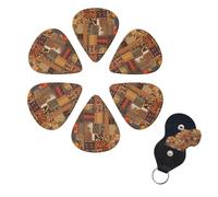 African Textile Patchwork Guitar Picks 6 Pack, 0.96mm Thickness Celluloid Bass Pick with Leather Guitar Pick Holder Keychain Abstract Art Pics Plectrum for Acoustic Electric Guitar, Ukulele, Bass