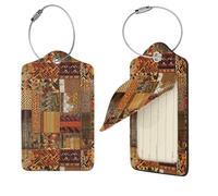 African Textile Patchwork Luggage Tag 2 PCS PU Leather Suitcase Tags Identifiers Travel Tags with Privacy Protection and Stainless Steel Loop Luggage Bag Tag for Women Men