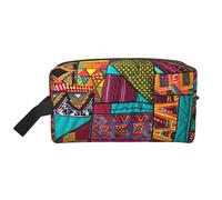 African Textile Patchwork Print Printed Cosmetic Case with Handle, Lightweight Compact Storage for Makeup, Toiletries & Gadgets, Make up Organiser for Travel, School, Work