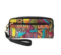 African Textile Patchwork Print Printed Makeup Bag for Women Travel PU Leather Cosmetic Bag with Wristlet Toiletry Bag