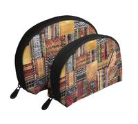 African Textile Patchwork Print Shell-Shaped 2-Piece Makeup Bag Set Travel Cosmetic Organiser Stylish Storage for Beauty & Gifts for Women Girls