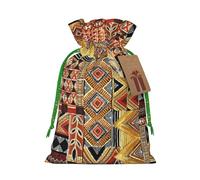(African Textile Patchwork) Printed Christmas S Size Gift Bags with Green Ribbon Drawstring Candy Bags for Kids Xmas Holiday Christmas Eve Presents
