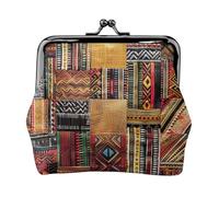 African Textile Patchwork Printed Kiss-Lock Coin Purse for Women, Compact Stylish PU Leather Change Pouch for Cards, Coins, Essentials