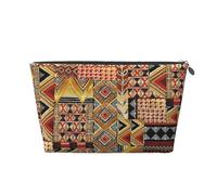 African Textile Patchwork Printed Leather Travel Toiletry Makeup Bag with Silver Zipper for Women on the Go