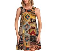 African Textile Patchwork Women's Sleeveless Dresses Summer Crew Neck Swing Tank Dress - Women Casual Ladies Dress Beach Sundress with Pockets