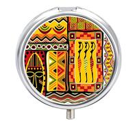 African Tribal Ethnic Orange Yellow Design Iron Pill Box Case Organizer with Internal Separate Plastic Dividers, Travel Small Medicine Bag Holder Carrier Round Container
