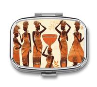 African Tribal Woman Pill Box 2 Compartment - Small Metal Medicine Organizer Portable Pill Case for Purse Pocket Travel Vitamin Organizer for Men Women, BPA-Free