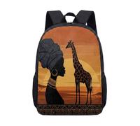 African Tribal Woman Silhouette Headwrap 17 Inch Backpack, Retro Ethnic Art Giraffe School Bag for Kids Teens Student (03)