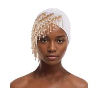 African Turban Cap Comfortable Breathable Soft Beanie for Women Muslim Pleated Beading with Tassels Headscarf White