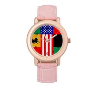 African U.S. Unity Flag Watch for Women Pink Leather Strap Ladies Watches Round Case Three-Hand Wrist Watch