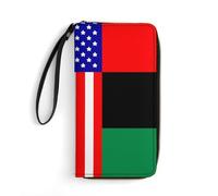 African U.S. Unity Flag Women's Wallet Leather Bifold Blocking Card Holder Trendy Ladies Clutch Purse with Hand Rope 19.7x10.5cm