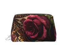 African Wax Print Rose Printed Leather Zippered Makeup Bag, Perfect for Cosmetics and Toiletries