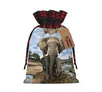 African Wild Animals Elephant Christmas Drawstring Linen Gift Bag Paired With Scottish Plaid Fabric, With A Delicate And Simple Texture