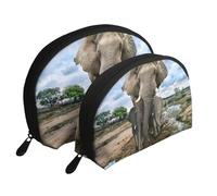 African Wild Animals Elephant Portable Shell Cosmetic Bag Set - Travel Makeup Organiser with Zipper & Inner Compartments