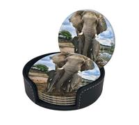 African Wild Animals Elephant Print Coasters For Drinks With Holder Set Of 6, Pu Leather Coasters Drink Coasters Cup Pad Mats