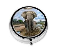African Wild Animals Elephant Printed Circular Pill Box, Portable and Compact Pill Organizer, Ideal for Travel