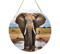 African Wild Animals Elephant Round Wood Panel Painting 12 Inch Hanging Plaque Rustic Farmhouse Wall Art Home Decor with Rope