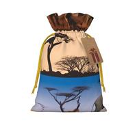 African Wild Animals Printed Christmas Drawstring Bags,M Reusable Xmas Gift Storage Bags, Yellow Ribbon