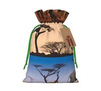 African Wild Animals Printed Christmas Drawstring Bags,S | Reusable Xmas Gift Storage Bags, Green Christmas Ribbon