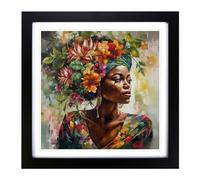 African Woman Floral Art No.2 Framed Print | 18x18 Inch Black Framed Wall Art | Ready to Hang | Modern Floral Picture | Living Room Bedroom Lounge Office