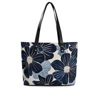 African Woman Leather Tote Bag for Women Top Handle Purses Handbags Casual Work Tote Travel Shoulder Bag, Navy Blue Flowers, 29*34*14cm