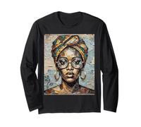 African Woman Paper Collage Art Head Wrap Glasses Long Sleeve T-Shirt