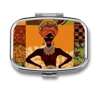African Woman Pill Box 2 Compartments Portable Travel Pill Case Mini Medicine Organizer for Pocket Purse Metal Waterproof Medicine Container Holder Vitamin Fish Oil