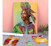 African Woman Printed Water-Soluble Canvas 11CT Cross Stitch DIY Embroidery Kit Threads Painting Needlework,30 * 40cm